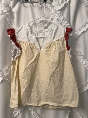 Women's Cream & White Ruffle Sleeve Top with Red Accent